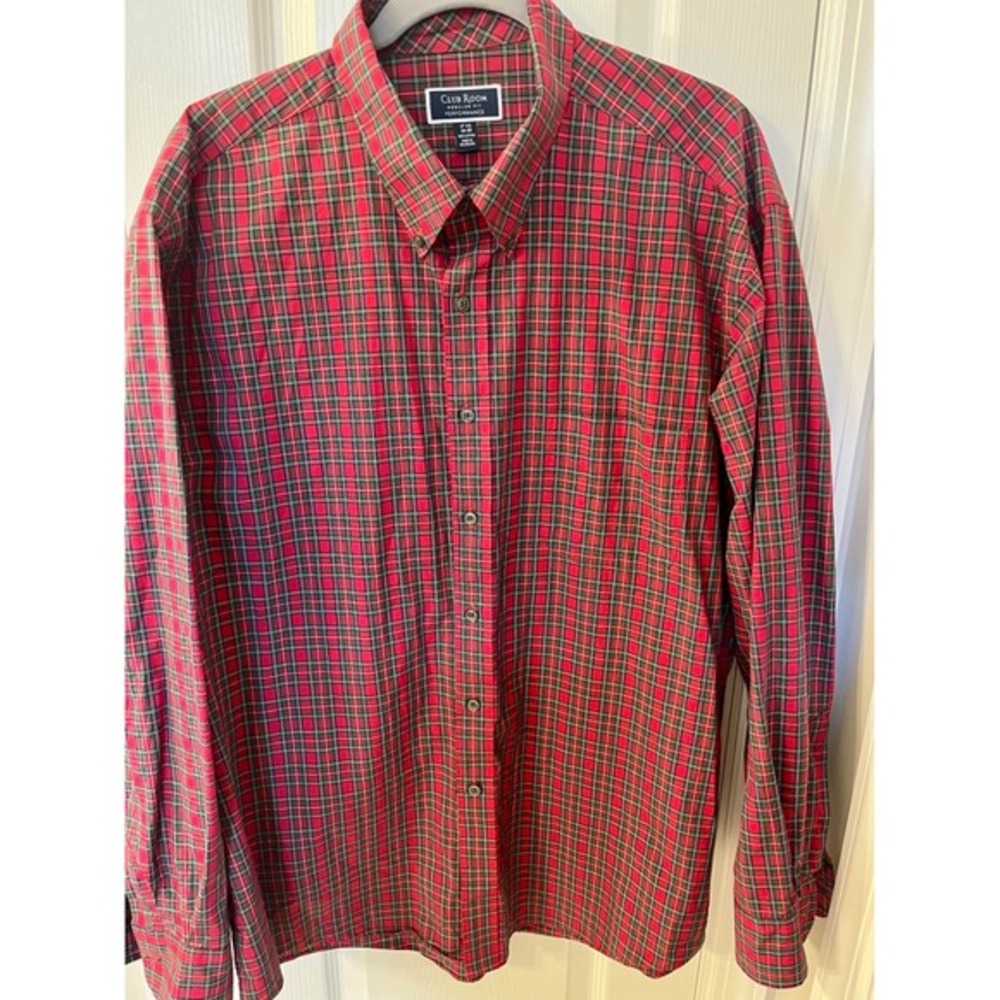 Club Room Mens Red Plaid Regular Fit Performance Button Down Shirt